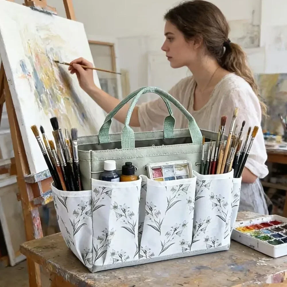 Multi-Color Feather Print Black Tote Bag Home Organizer Multiple Pockets